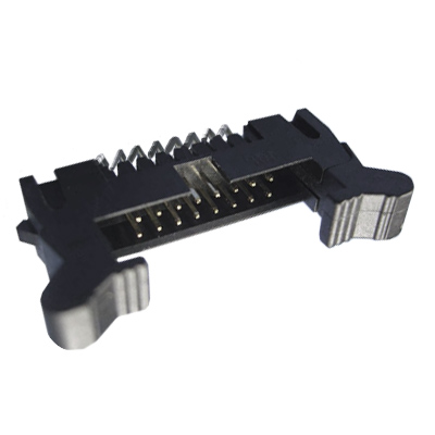 Connector IDC 10P, PCB box header, male angled 90°, lock