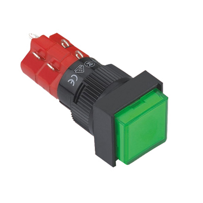 Illuminated Push Button Switch M16, 18x18 mm, 2DPDT, 2x OFF-(ON), 5A/250V, 2A/24V, 12V GRN