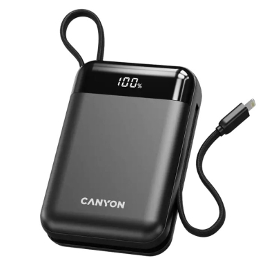Външна Батерия CANYON OnPower 204, 20.000mAh, Дисплей, черен цвят, С вградени кабели Type-C+Lightning, CNS-CPB204B