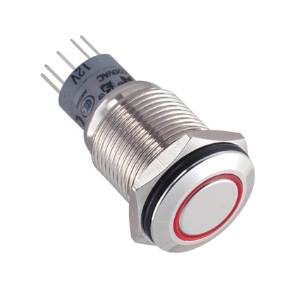 Бутон задържащ, подсветка, М16, Ф18 мм, 2NO/2NC, 3A/250V, МЕТАЛ, 12V ЧЕРВЕН