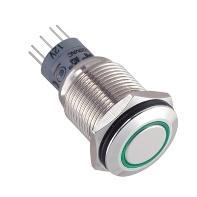 Бутон задържащ, подсветка, М16, Ф18 мм, 2NO/2NC, 3A/250V, МЕТАЛ, 12V ЗЕЛЕН