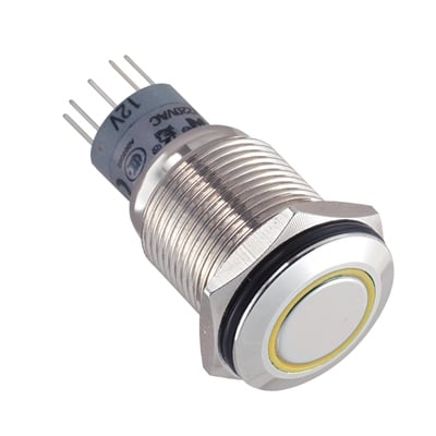 Бутон задържащ, подсветка, М16, Ф18 мм, 2NO/2NC, 3A/250V, МЕТАЛ, 12V ЖЪЛТ