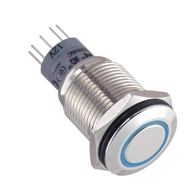 Бутон задържащ, подсветка, М16, Ф18 мм, 2NO/2NC, 3A/250V, МЕТАЛ, 12V СИН