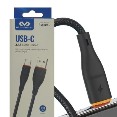 Кабел USB A мъжки, USB C мъжки VQ-D06, 2.4A, 1 м, ЧЕРЕН